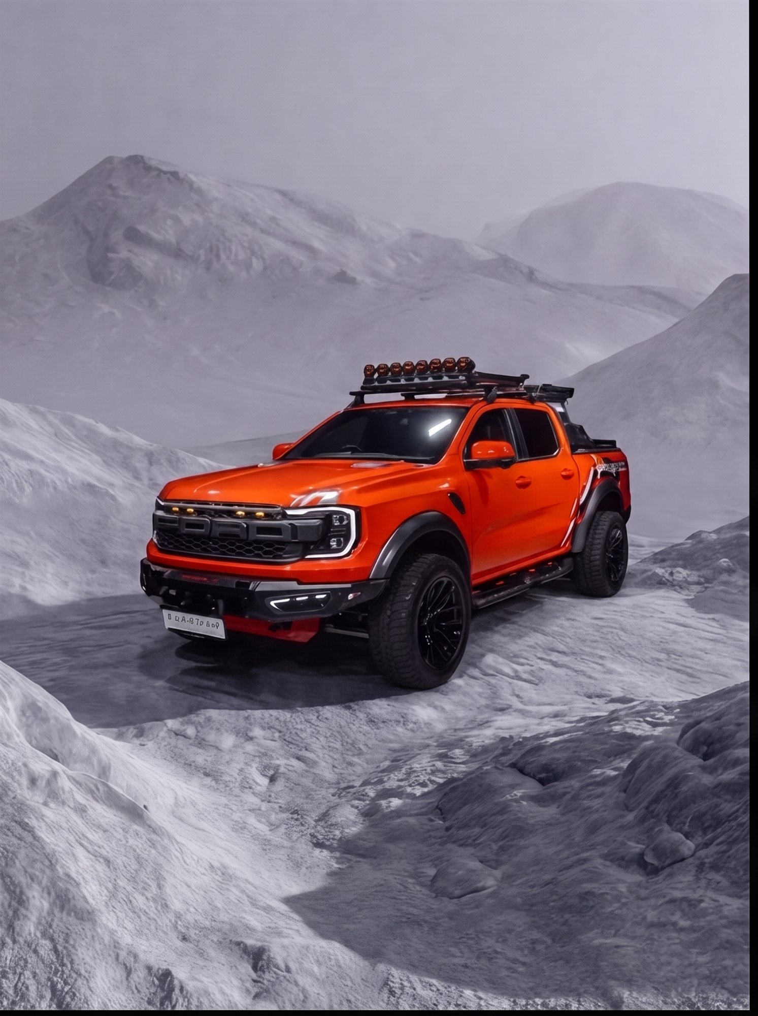 A kitted double-cab bakkie with roof rack and driving lights on a mountain pass
